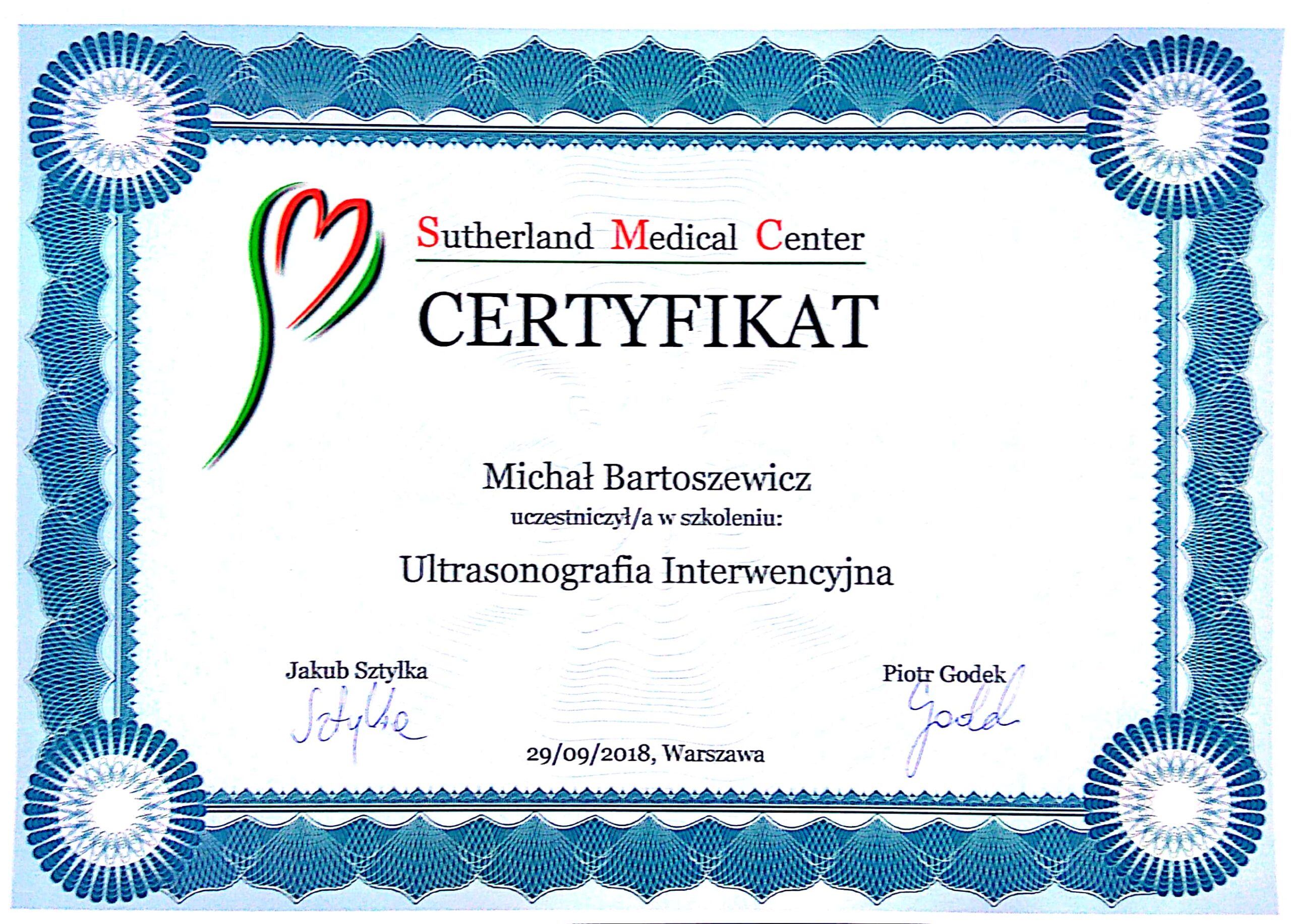 Certyfikat ukończenia szkolenia w zakresie ultrasonografii interwencyjnej.